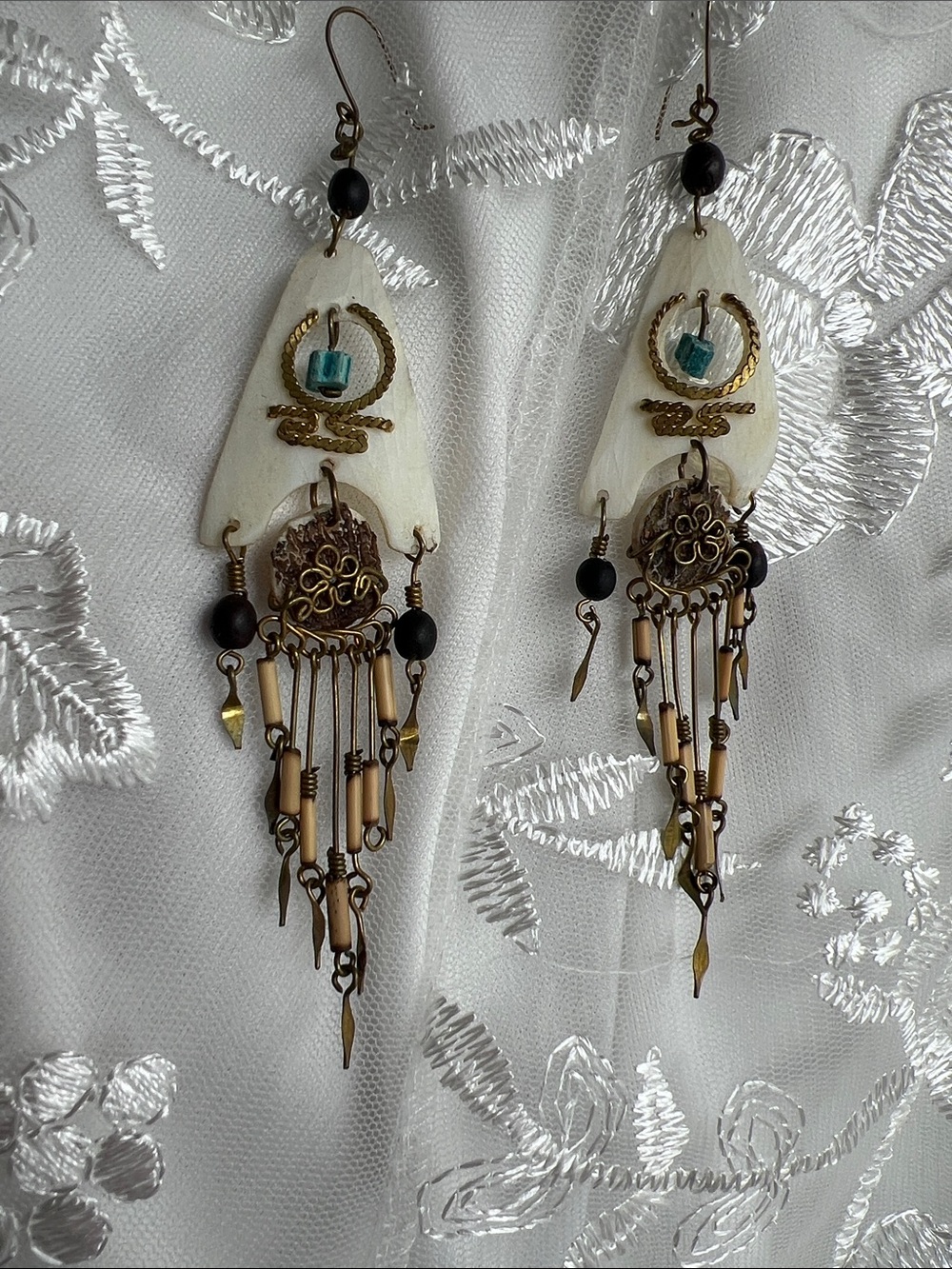 Artisan White, Black and Teal Beaded Brass Fringe Earrings